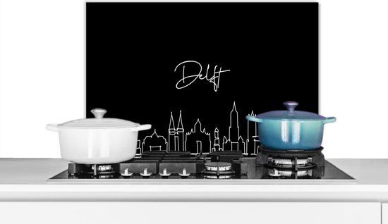 KitchenYeah Spatscherm keuken 70x50 cm - Line art - Delft - Skyline - Zwart - Wit - Aluminium