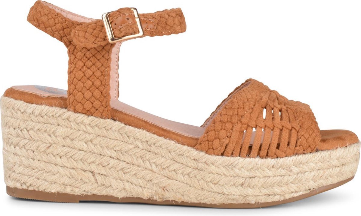 PS Poelman NANA Dames Faux PU Imitatie Suède Leren Sandalen met Espadrille Sleehak Zool en Gevlochten Bovenwerk - Cognac Bruin - Maat 40