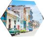 Merkloos / Sans marque Dibond Hexagon - Gekleurde Geparkeerde Auto's in Kleurrijke Straat - Cuba - 70x60.9 cm