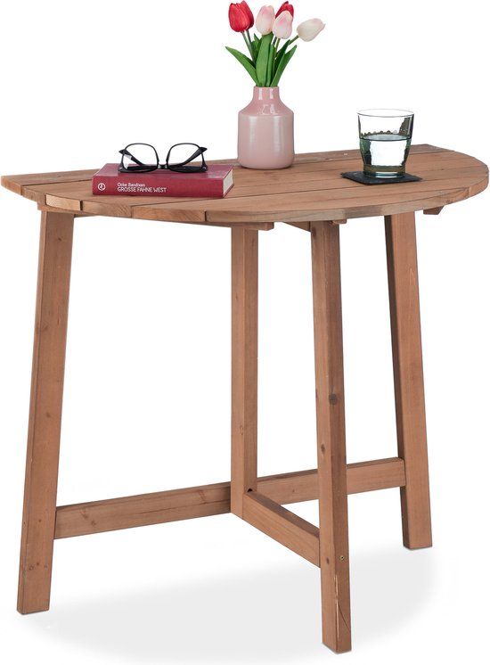 Merkloos Relaxdays Klaptafel halfrond 74 x 80 x 50 cm (h x b x d) voor balkon, terras en tuin, hout, buiten, wandklaptafel, bruin
