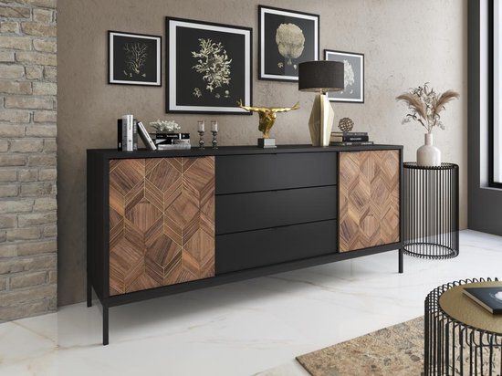 Merkloos Buffetkast MIALINE - 185x83x49 cm - Zwart/Donker Naturel