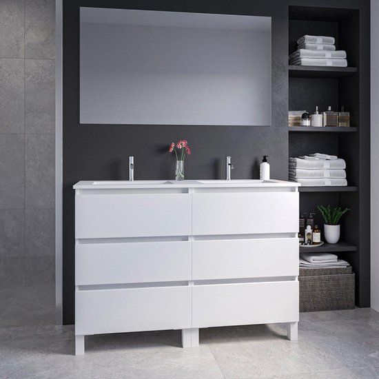 Adema Chaci PLUS Badkamermeubelset - 120x86x46cm - 2 rechthoekige keramische wasbakken wit - 2 kraangaten - 6 lades - mat wit