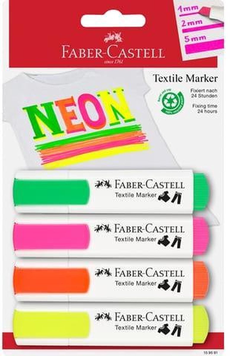 Faber-Castell 159591 Textielmarker in neonkleuren voor lichte stoffen, verpakking van 4 stuks, 1-5 mm lijnbreedte, badknop party, kinderverjaardagen, vrijgezellenfeesten
