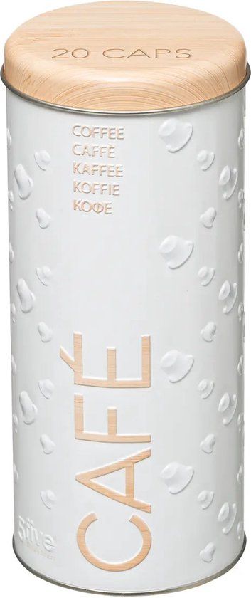5Five Koffie pads voorraadbus/bewaarblik - metaal - 18 x 8 cm - wit - voor 20 pads