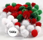 Merkloos Knutsel pompons - 144x - wit/rood/groen - 15-20 mm - hobby bolletjes - ponpons - Kerst thema