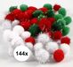 Merkloos Knutsel pompons - 144x - wit/rood/groen - 15-20 mm - hobby bolletjes - ponpons - Kerst thema