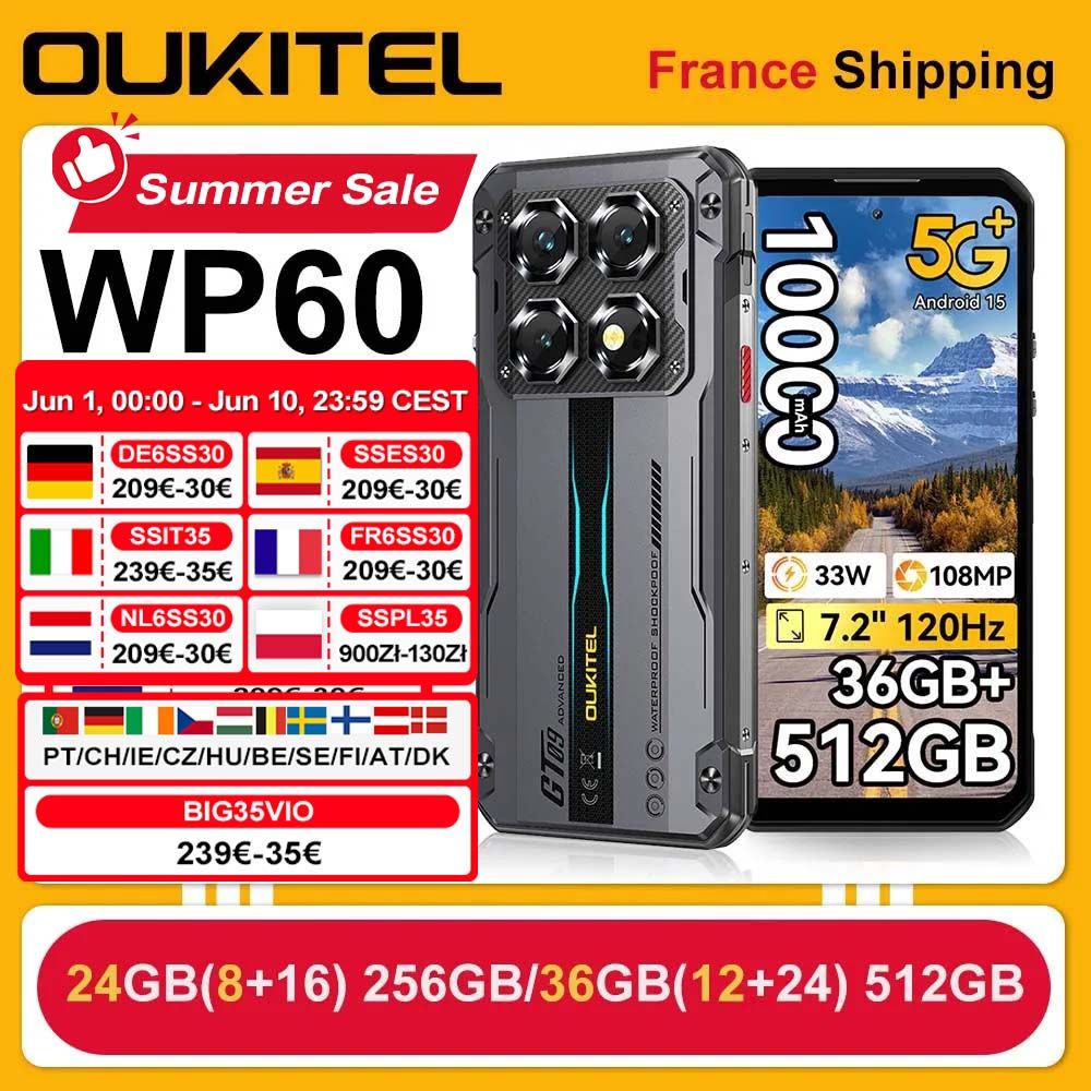 OUKITEL Robuuste Telefoon WP60 5G 24GB(8+16) 256GB / 36GB(12+24) 512GB 7,2” HD+ 120Hz Smartphone 10000mAh 108MP Android 15 NFC