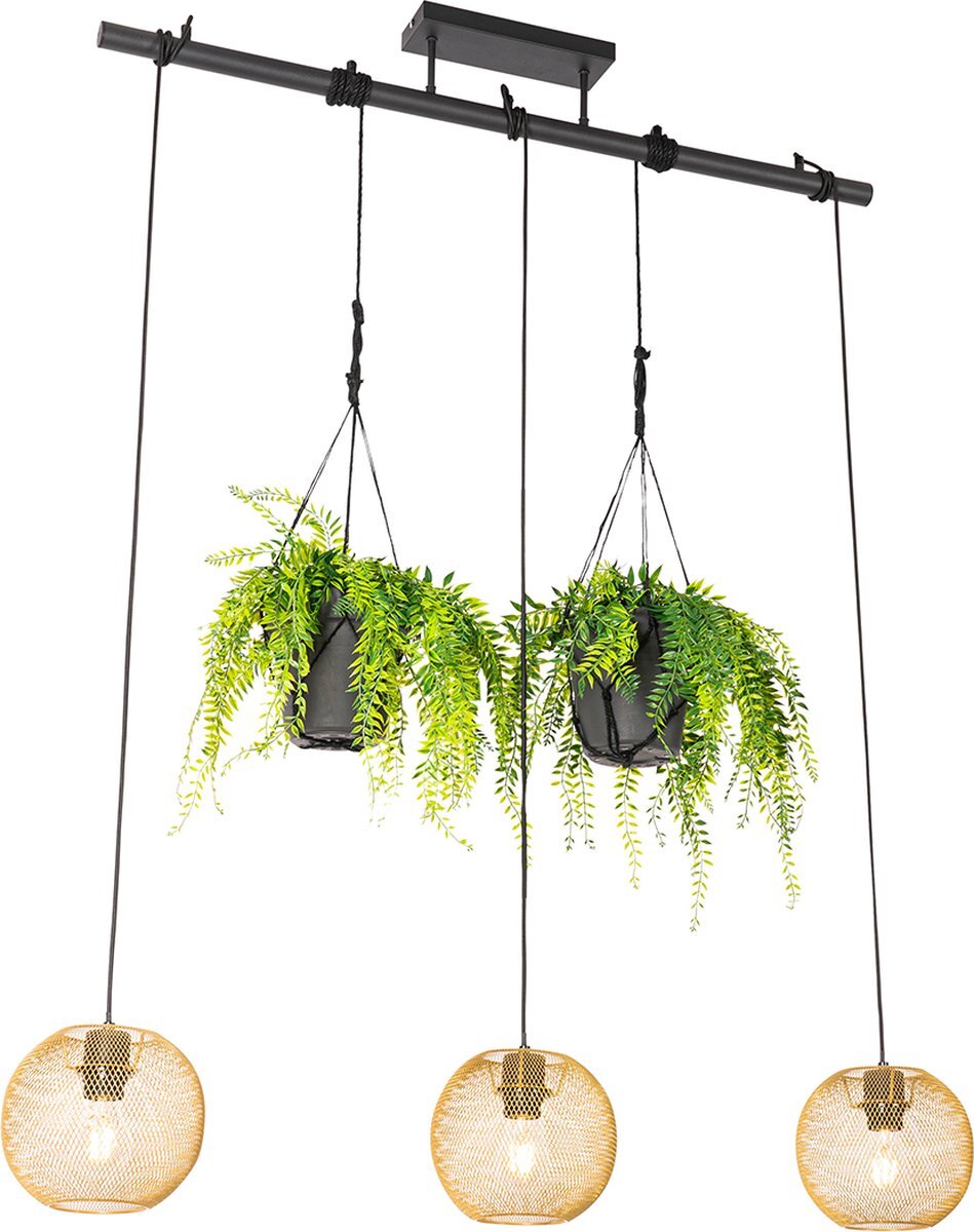 QAZQA flor - Industriele Hanglamp eettafel voor boven de eettafel | in eetkamer - 3 lichts - L 100 cm - Goud/messing - Industrieel - Woonkamer | Slaapkamer | Keuken