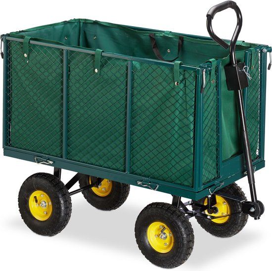 Relaxdays Bolderkar - tuinkar - bolderwagen - transportkar - tuinwagen - 500 kg - XL - donkergroen/geel/zwart