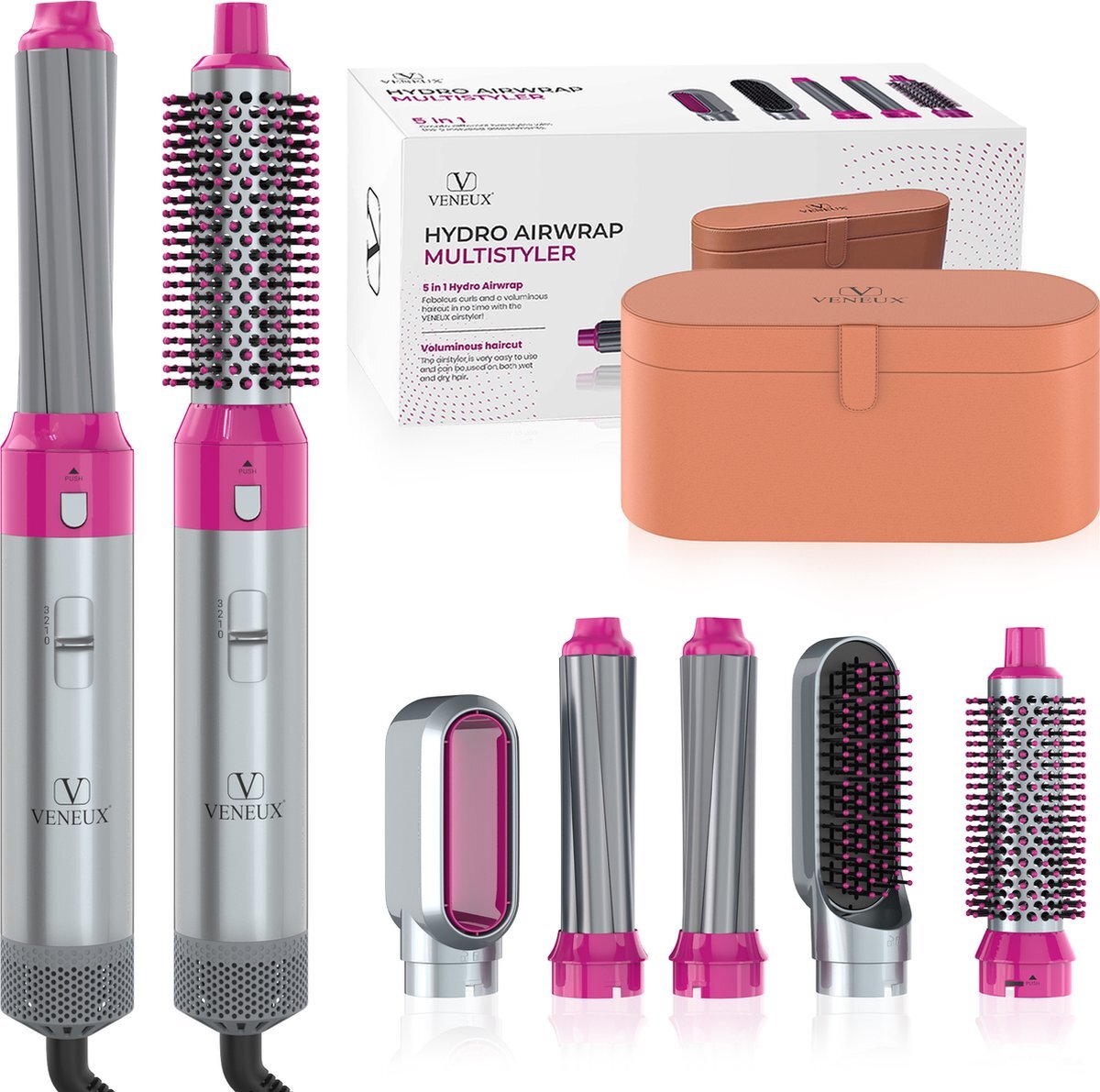 VENEUX® Airwrap Krultang - Krultangen - Föhnborstel - 5 in 1 multi styler - Grijs - TikTok -Inclusief leren opbergcase - Nieuwe Versie 2.3 November 2022 edition