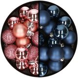 Merkloos / Sans marque Kerstballen 36x stuks - 3 en 4 cm - roze en donkerblauw - kunststof