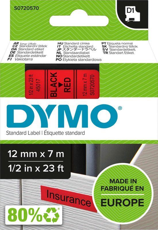 DYMO D1 Standard Labels - Black on Red - 12mm x 7m - S0720570