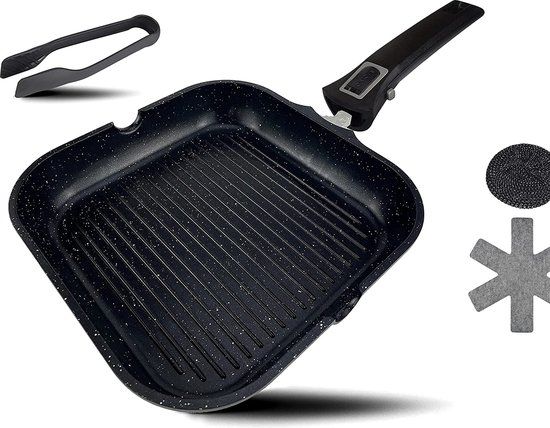DIVORY Grillpan 28cm - Afneembare Handgreep - Inductie Geschikt - Anti-aanbaklaag - Zwart