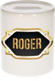 Bellatio Decorations Shoppartners Bv Spaarpot met voornaam Roger - wit - met goud/zwart embleem - 8 x 9 cm - keramiek - met afsluitdop - cadeau verjaardag