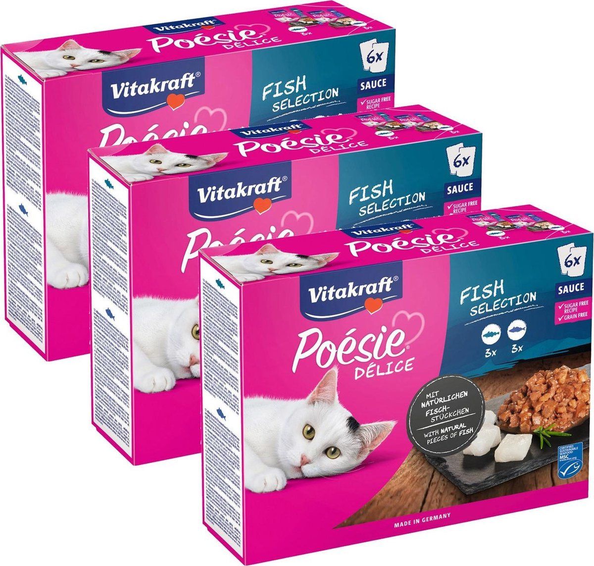 VITAKRAFT Poesie Multipack Deli Sauce Vis Pouch 6x85 g - Kattenvoer - 3 x Koolvis&Kabeljauw