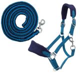 PFIFF 103103 Halsterset "Sunny", 3-delige set van halster, gebreid en vliegenfranjes, individueel aanpasbaar, blauw-lichtblauw, Cob