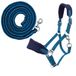 PFIFF 103103 Halsterset "Sunny", 3-delige set van halster, gebreid en vliegenfranjes, individueel aanpasbaar, blauw-lichtblauw, Cob
