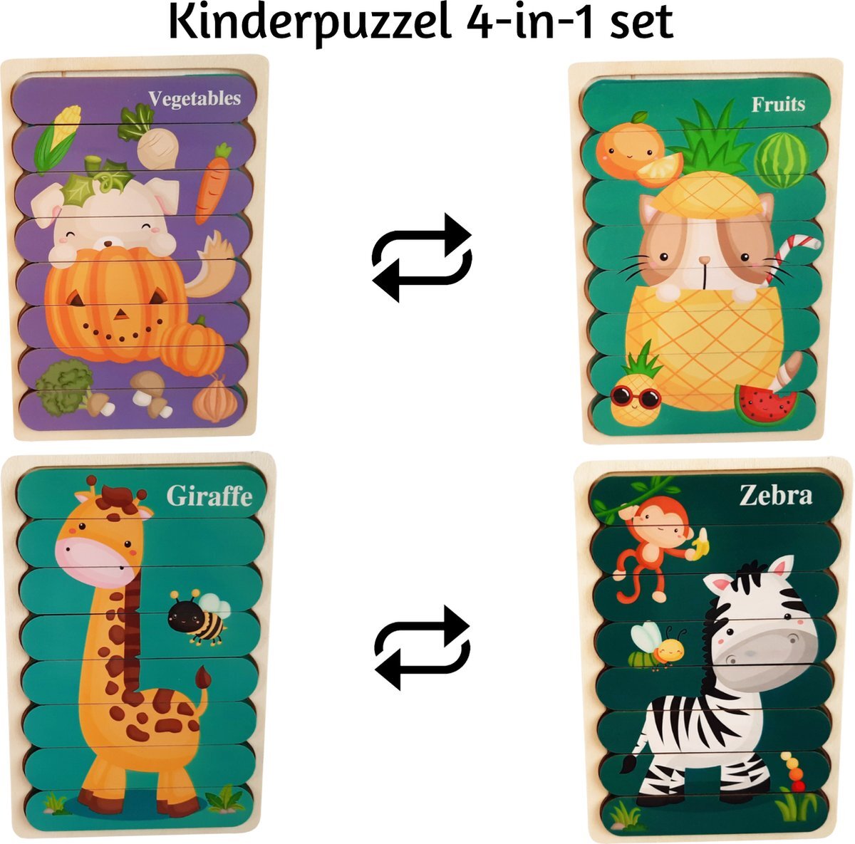 van Theo Houten Puzzel - Dubbelzijdige Kinderpuzzels - Set 4-in-1 - Montessori Speelgoed - Set Dieren 2