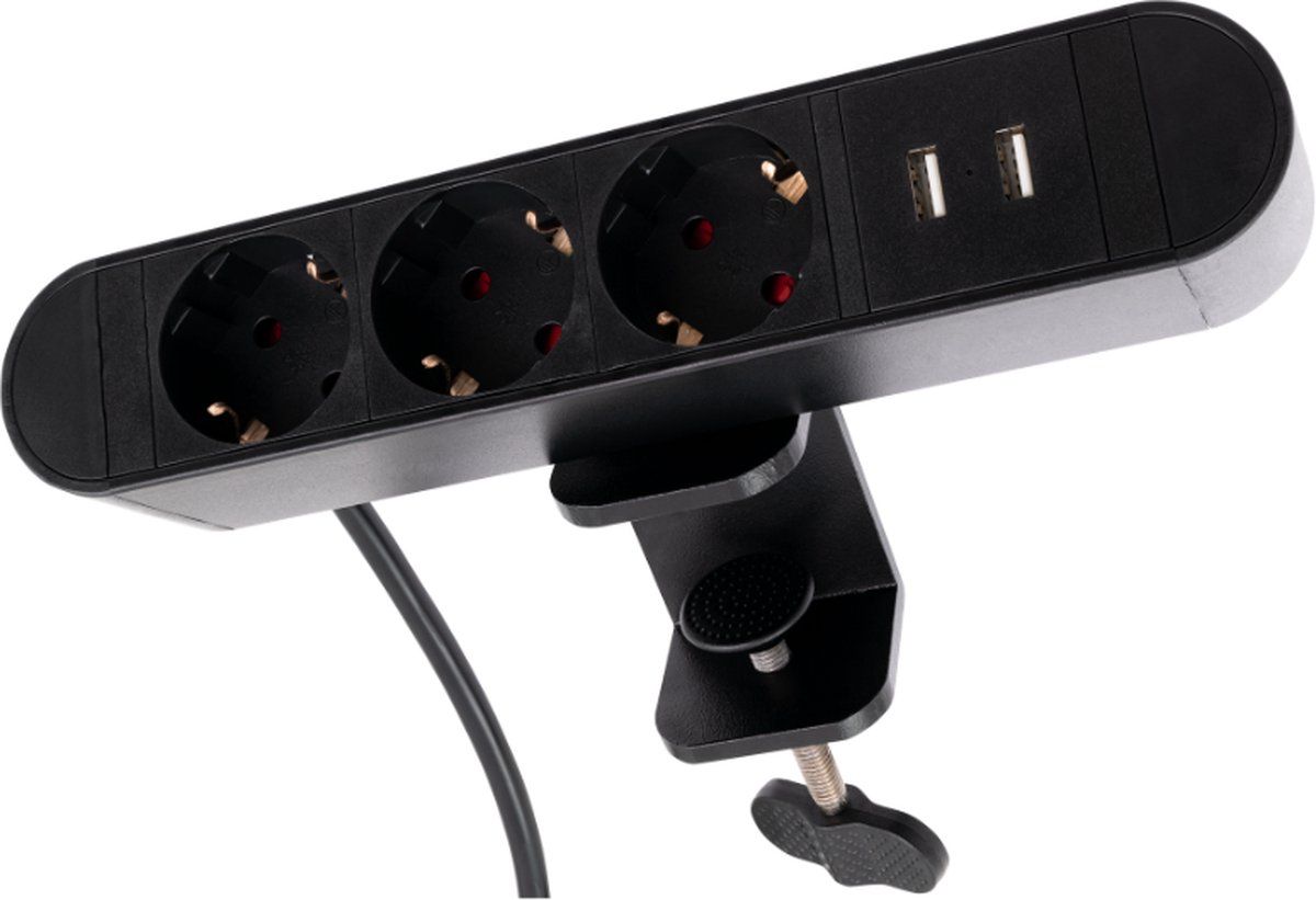 McPower Tafelklem stekkerdoos met USB - Zwart