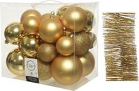 Decoris Kaemingk B.V. Kerstversiering kunststof kerstballen 6-8-10 cm met glitter folieslingers pakket goud van 28x stuks - Kerstboomversiering