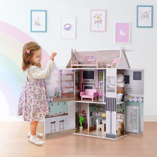 Olivia's Little World Dreamland Farmhouse Kids Interactief houten poppenhuis 3 verdiepingen met 13