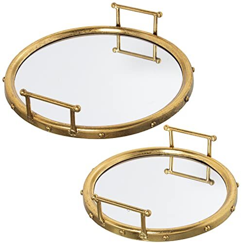 DRW Set van 2 ronde trays van metaal en spiegel, goudkleurig, 47 x 9 cm en 40 x 9 cm, INT.41 en 33 cm