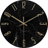 IvoQ Wandklok Marmerlook Zwart - Glas - Ø 30 cm - Stil Uurwerk - Modern & Goud