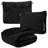 PAVILIA Reisdeken en kussen, warme zachte fleece 2-in-1 combo-deken voor vliegtuig, camping, autoritten | grote compacte dekenset met bagageriem en rugzakclip, 60 x 43 cm (effen zwart)