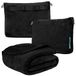PAVILIA Reisdeken en kussen, warme zachte fleece 2-in-1 combo-deken voor vliegtuig, camping, autoritten | grote compacte dekenset met bagageriem en rugzakclip, 60 x 43 cm (effen zwart)