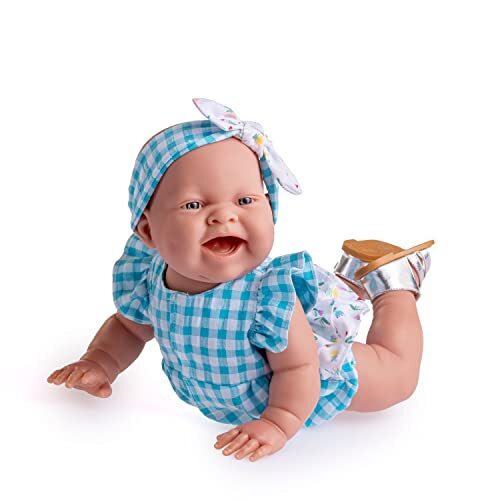 JC TOYS JC Toys - Lola On The Go pop, 36 cm, zacht vinyl, smiley-gezicht, liggende pols, Vichy en bloemenprint, kleding en sandalen, meisjes, gemaakt in Spanje, 2 jaar