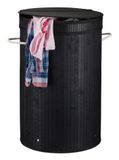 Relaxdays Ronde wasmand van bamboe met klapdeksel, 65 liter, wasmand, opvouwbaar, rond, diameter 40 cm, zwart