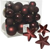 Decoris Kerstballen en Sterren Ornamenten - Kunststof - 32 stuks - Mahonie Bruin