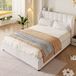OKWISH Gestoffeerd Bed 140x200 cm - Gevoerd Hoofdbord Met Lattenbodem - Met 2 Kussens - Tweepersoons - Stof - Beige - Zonder Matras