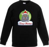 Bellatio Decorations Kersttrui Merry Christmas grijze kat / poes kerstbal zwart jongens en meisjes - Kerstruien kind 122/128