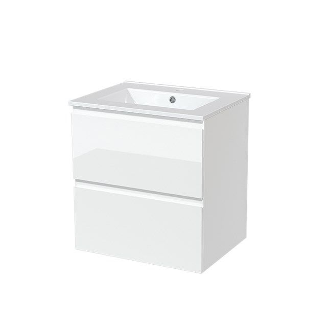 Maxaro Badkamermeubel 60cm Modulo Hoogglans Wit 2 Lades Greeploos Wastafel Keramiek
