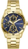 Guess Velocity GW1061G2 Herenhorloge, analoog kwartshorloge, roestvrij staal, 43 mm, gouden roestvrijstalen armband, 5 bar, blauwe wijzerplaat, kleurweergave met datumweergave