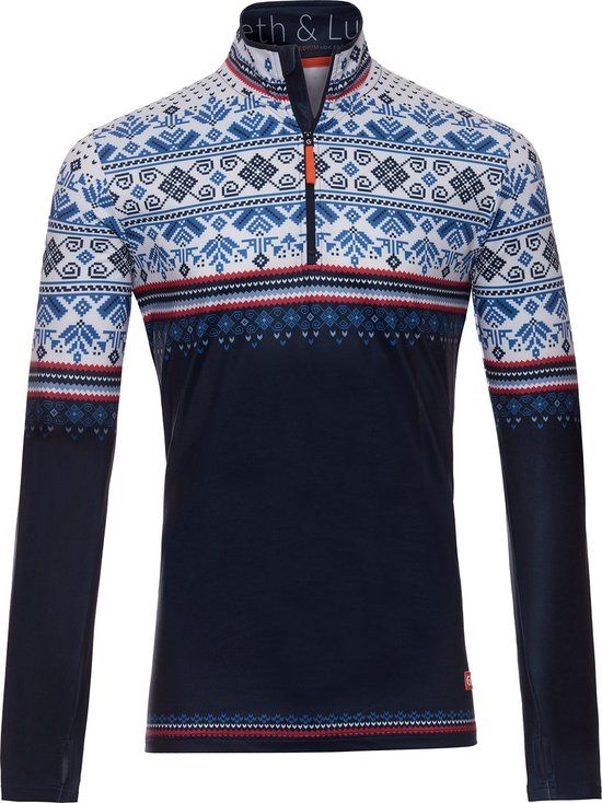 Gareth & Lucas The Fifteen Skipully - Heren L - 100% Gerecycled Polyester - Wintersport Midlayer Sportshirt - Wit/Rood/Blauw