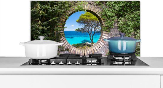 KitchenYeah Spatscherm keuken 90x45 cm - Kookplaat achterwand Zee - Boom - Tropisch - Doorkijk - Muurbeschermer - Spatwand fornuis - Hoogwaardig aluminium