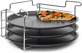 Relaxdays 3 pizzaplaten met pizzarek, pizza bakplaat rond 33 cm, pizzaplaat 3stuk