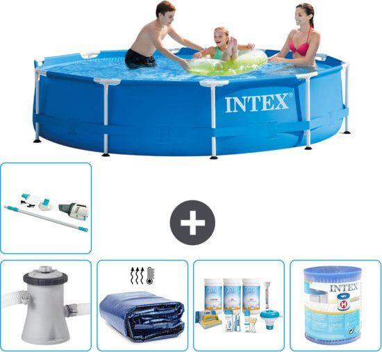Intex Metal Frame Zwembad - 305 x 76 cm - Blauw - Inclusief Pomp, Solarzeil, Onderhoudspakket & Filter