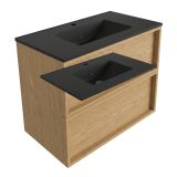 Saniclass Holz Frame Badkamermeubelset - 80x45x62cm - Vygo keramische wastafel zwart - 1 wasbak - 1 kraangat - 2 lades - mat eiken natural (hout) SW1578576/SW761655