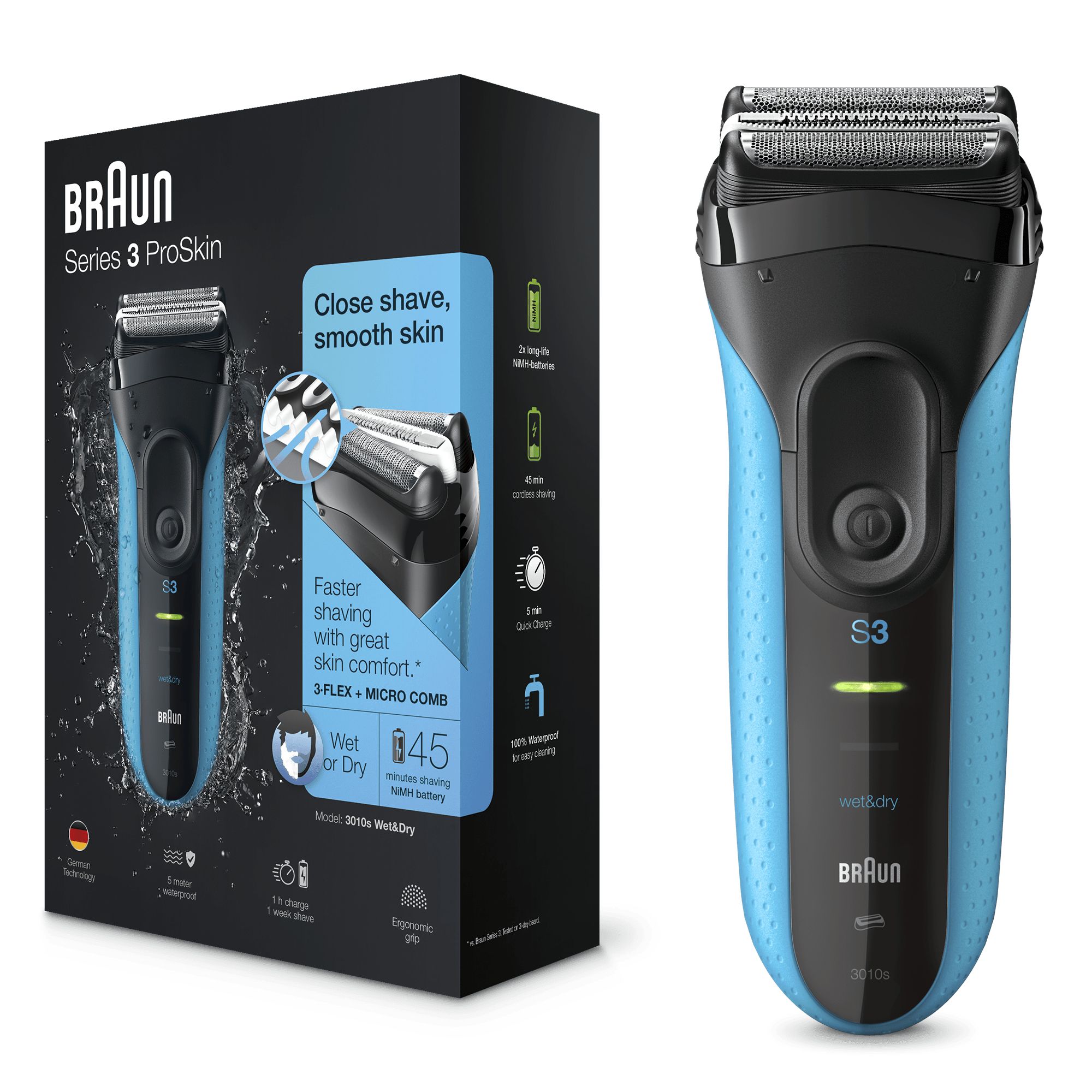 Braun Series 3 ProSkin 3010s Elektrisch Scheerapparaat - Zwart/Blauw