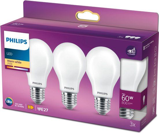 Philips LED Lamp - E27 - 7W - Warm White - 3-Pack