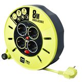 Masterplug Pro-XT Kabelhaspel, 8 m, 4 Schuko-stopcontacten, elektrische verlenging 16 A, thermische bescherming, kabel met hoge zichtbaarheid