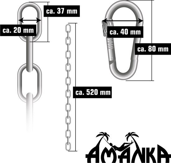 AMANKA 2x 50cm Hangende Stoelketting tot 230kg - 4 Karabiners - Schommel Hangmat Bokszak Ophanging