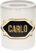 Spaarpot Carlo - wit - met goud/zwart embleem - 8 x 9 cm - keramiek - met afsluitdop - cadeau verjaardag