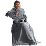 CelinaTex TV-deken knuffeldeken met mouwen en voettas 150 x 180 cm zilvergrijs koraal fleece sprei microvezel