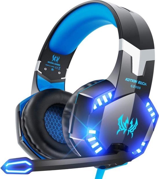 Kotion G2000 Over-ear Game Hoofdtelefoon Gaming Headset Koptelefoon Headband met Mic Stereo Bass LED licht voor PC Laptops PS4 Xbox Nintendo Switch (Zwart-Blauw