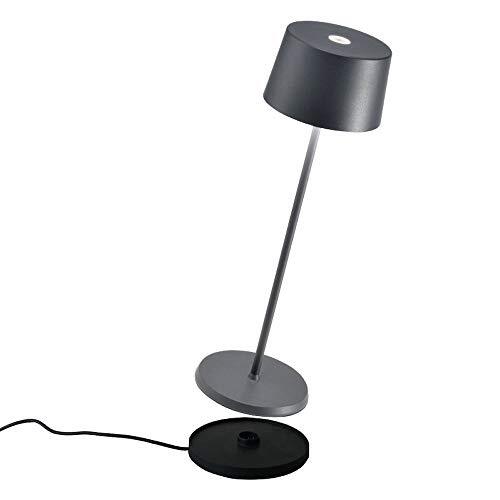 Zafferano - Olivia Pro Aluminium Dimbare LED Tafellamp, Contact Laadbasis, IP65 Bescherming, Binnen/buiten gebruik, H35,5cm, EU Stekker - Donkergrijs [Energieklasse A+++]