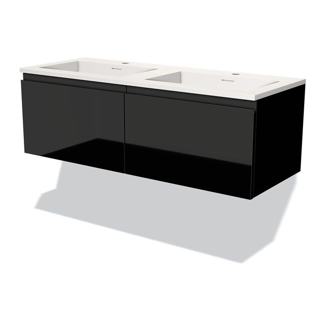 Maxaro Badkamermeubel 120cm Modulo Hoogglans Zwart 2 Lades Greeploos Wastafel Solid Surface